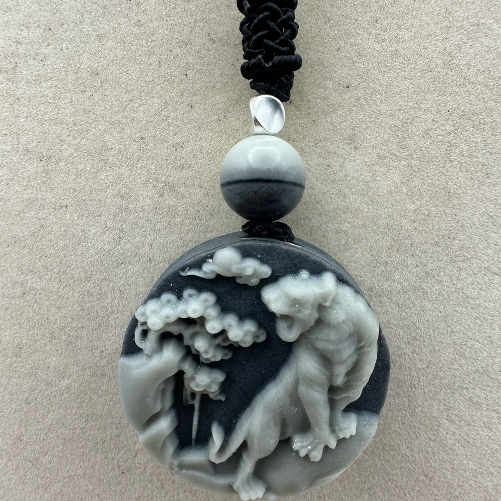 Tai Chi Stone Tiger Pendant Necklace with Silver Accent Bead on Adjustable Rope - Picture 4 of 10